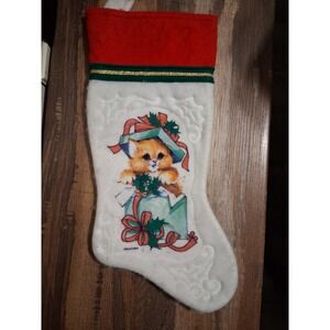 Vintage 80s 90s Christmas Stocking Felt Kitten Kitty‎ Cat Santa's Best